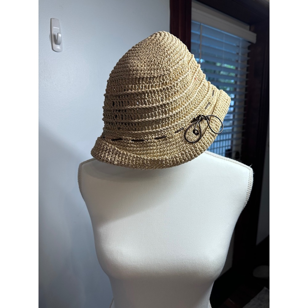 Eddie Bauer Tan Paper Straw Woven Cloche Bucket Hat with Bow One Size